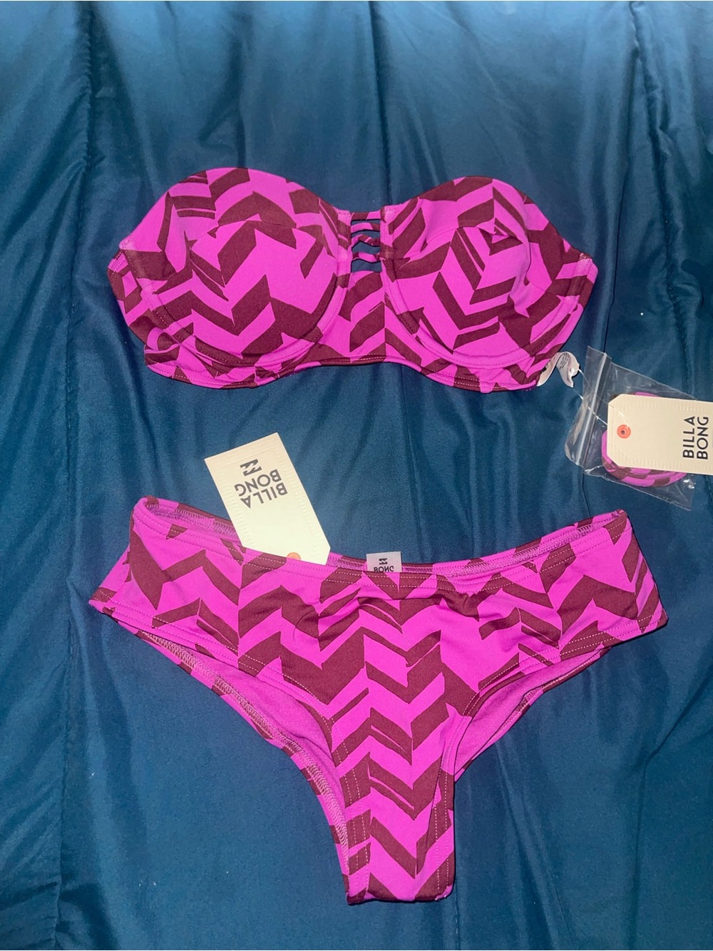 Billabong Pink and Burgundy Geometric Bandeau Bikini